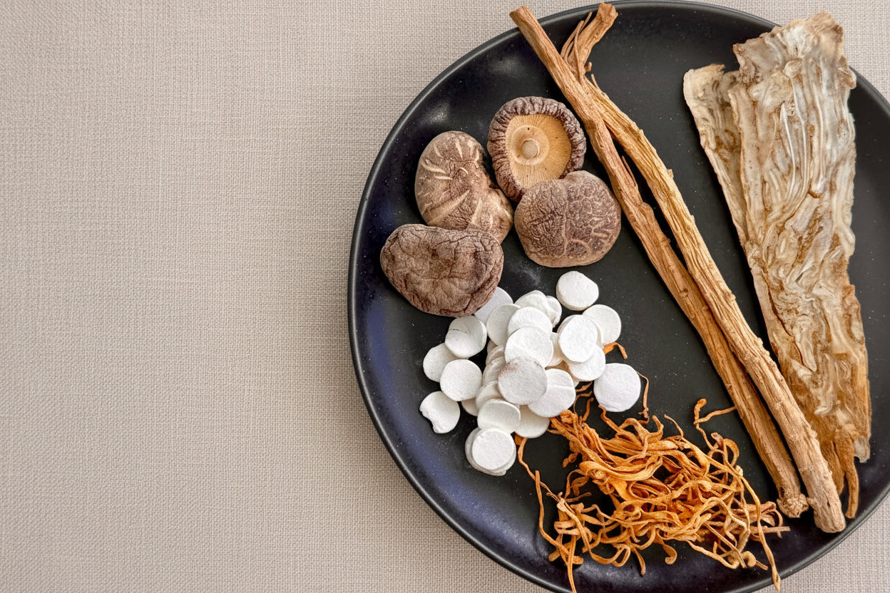 Herbal ingredients including mushrooms, white pills, and roots on a black plate against a light gray background